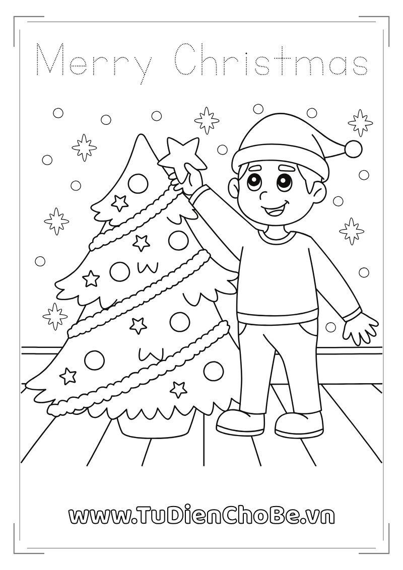 Tranh tô màu Giáng Sinh cho bé với ông già Noel, cây thông, tuần lộc và quà Noel dễ thương