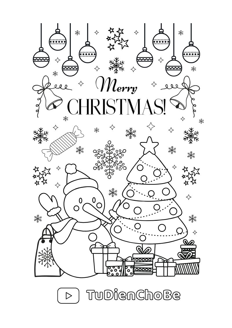 Tranh tô màu Giáng Sinh cho bé với ông già Noel, cây thông, tuần lộc và quà Noel dễ thương