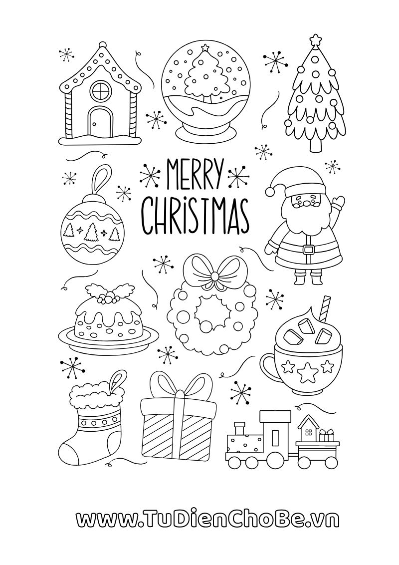 Tranh tô màu Giáng Sinh cho bé với ông già Noel, cây thông, tuần lộc và quà Noel dễ thương