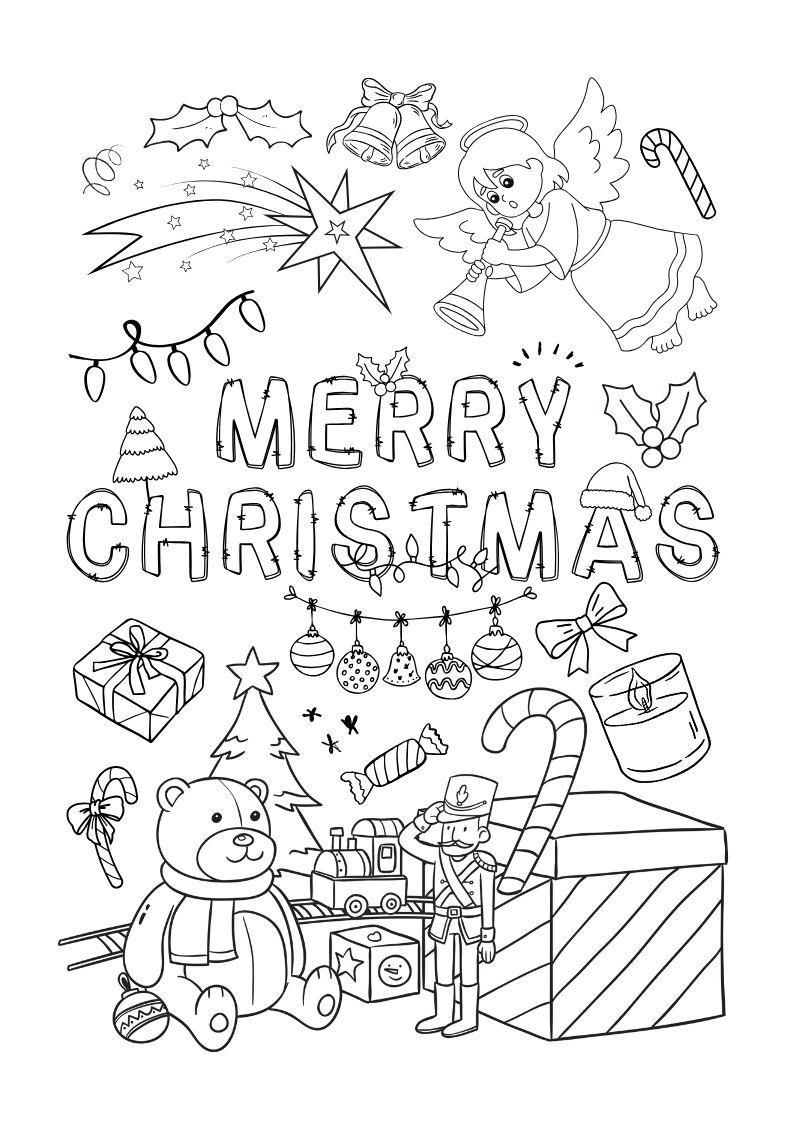 Tranh tô màu Giáng Sinh cho bé với ông già Noel, cây thông, tuần lộc và quà Noel dễ thương