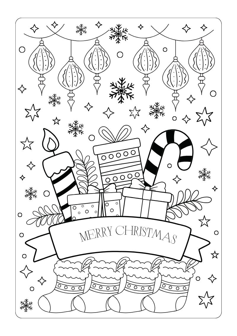 Tranh tô màu Giáng Sinh cho bé với ông già Noel, cây thông, tuần lộc và quà Noel dễ thương