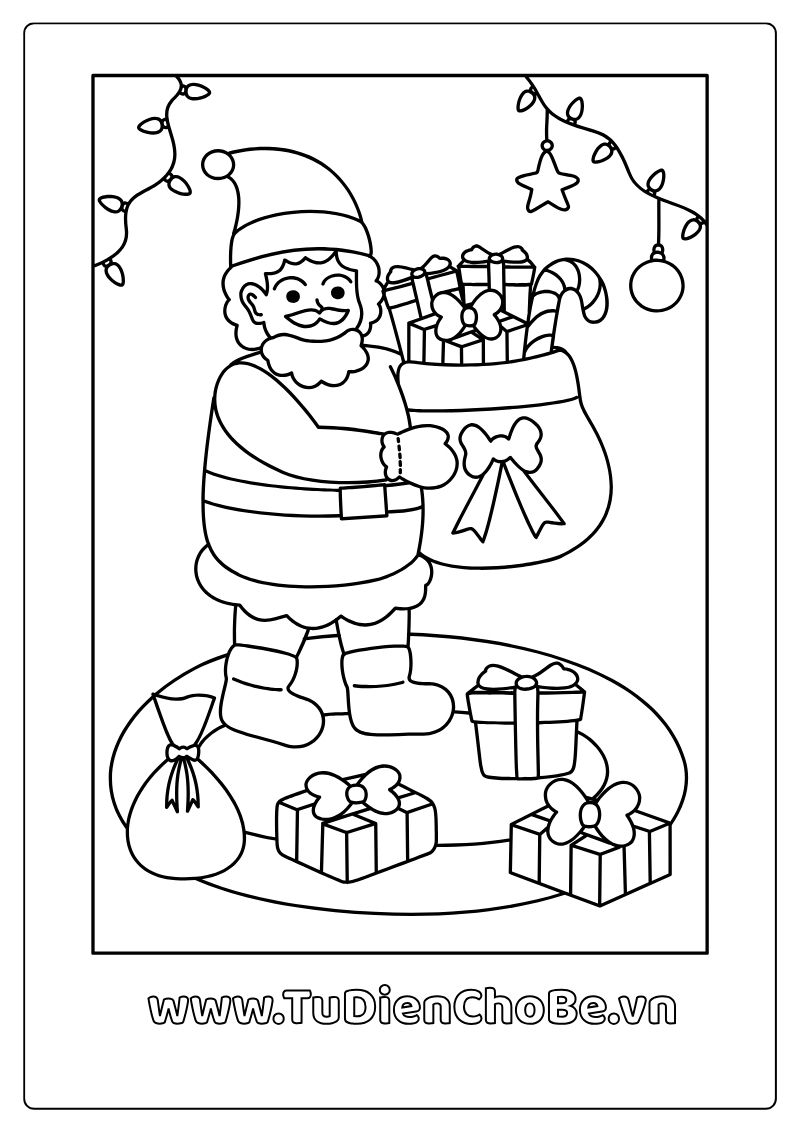 Tranh tô màu Giáng Sinh cho bé với ông già Noel, cây thông, tuần lộc và quà Noel dễ thương