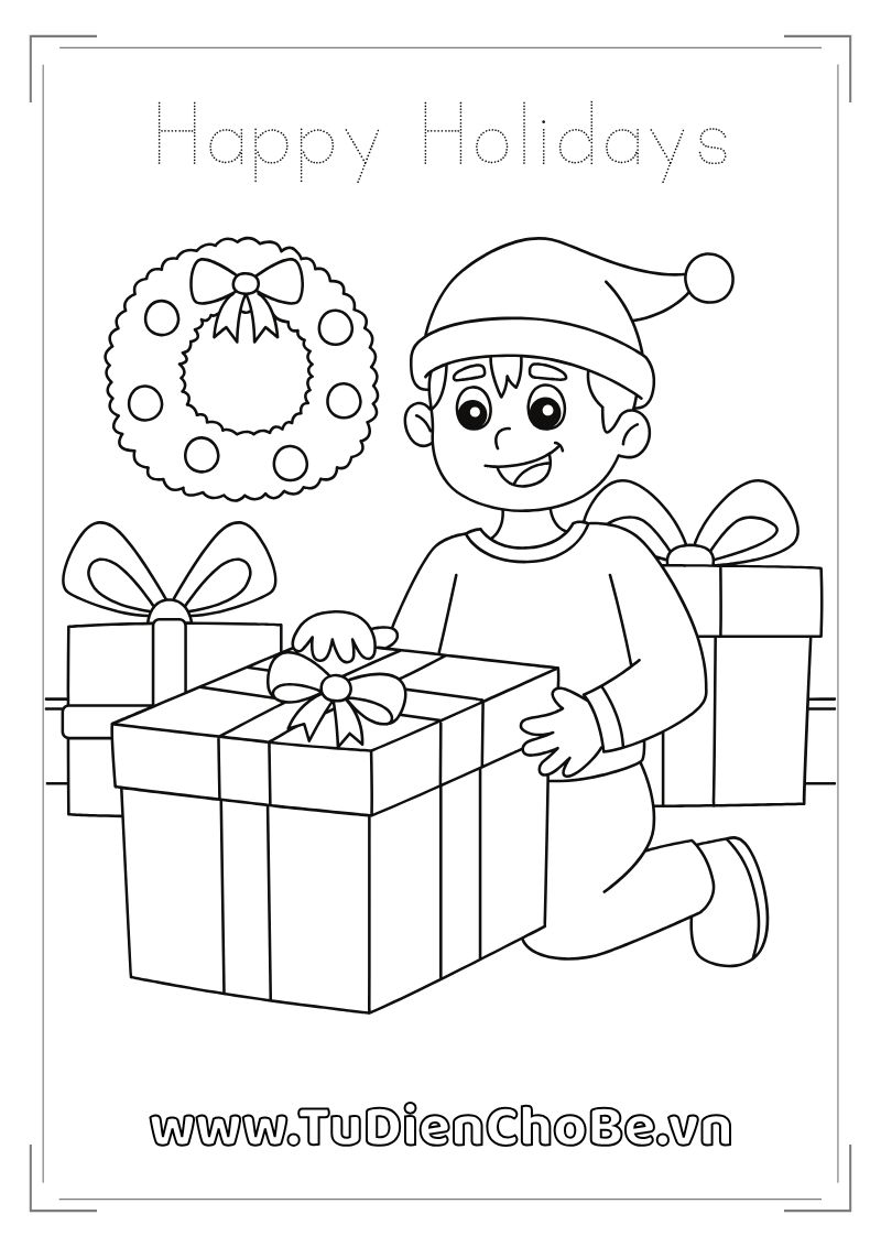 Tranh tô màu Giáng Sinh cho bé với ông già Noel, cây thông, tuần lộc và quà Noel dễ thương