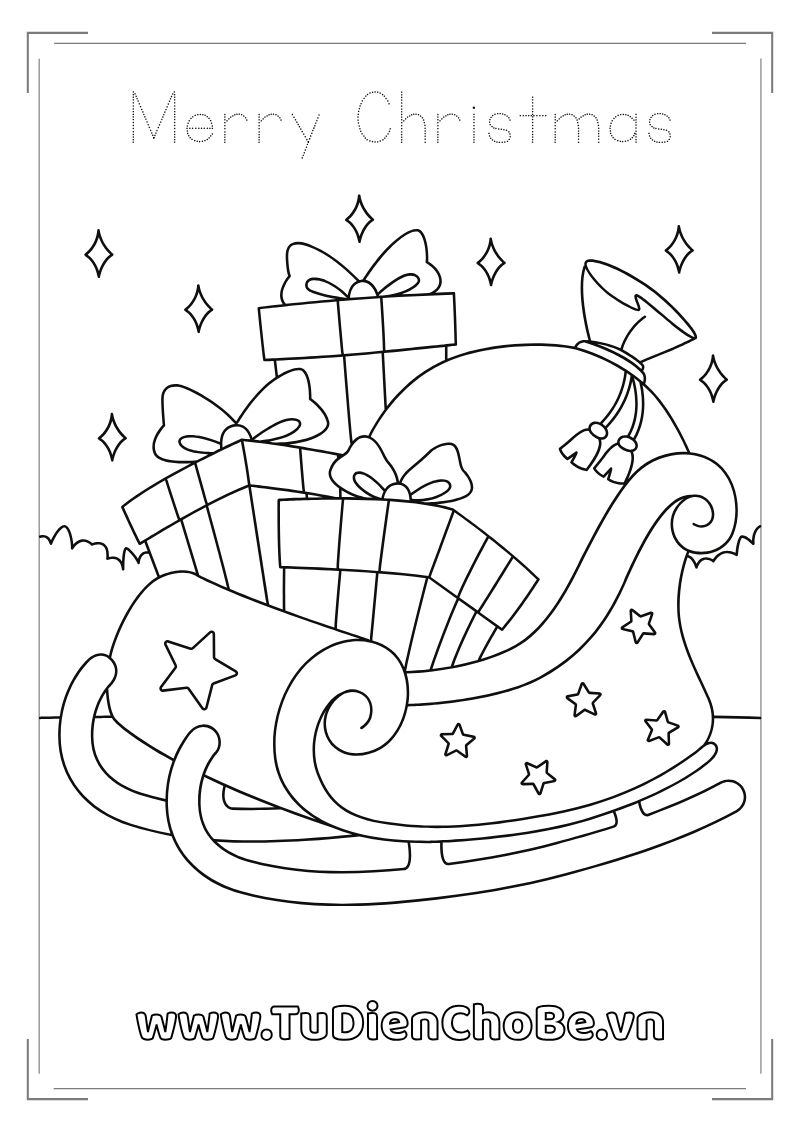 Tranh tô màu Giáng Sinh cho bé với ông già Noel, cây thông, tuần lộc và quà Noel dễ thương